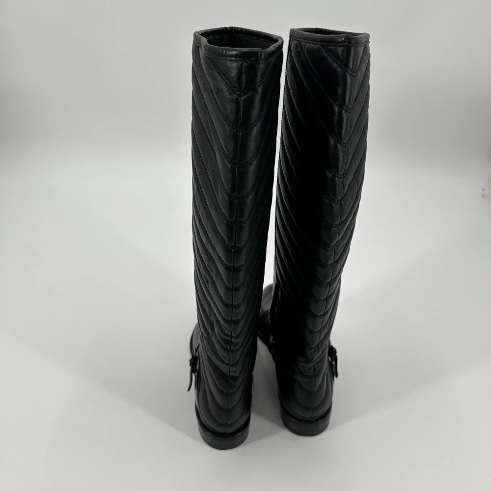 Stuart Weitzman Black Leather Knee High‎ Boots Raceway Quilted Side Buckle 6.5 M
